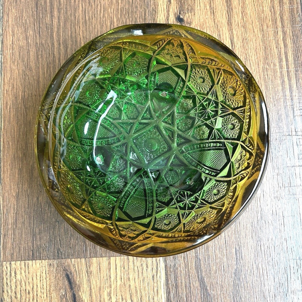Vintage Jeanette Fentec McKee Toltec Green Amber Flashed Footed Dish Bowl